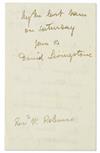 LIVINGSTONE, DAVID. Brief Autograph Letter Signed, David Livingstone, to Rev. W. Robinson: